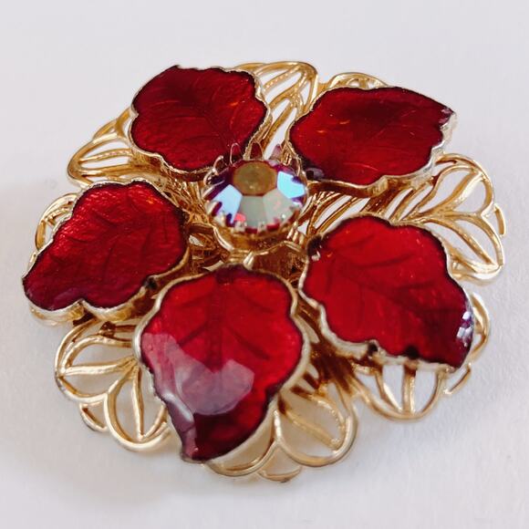Vintage Mid Century Red Enamel Flower Brooch Aurora Borealis Gold Tone Pin 1960s - Picture 4 of 9